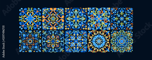 Mediterranean ceramic tiles seamless pattern. Azulejo arabesque. Portuguese, Spanish, Turkish, Indian, Islamic, Arabic decor. Geometrical and floral traditional national ornament. Vector illustration.