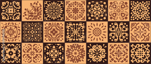 Mediterranean ceramic tiles seamless pattern. Azulejo arabesque. Portuguese, Spanish, Turkish, Indian, Islamic, Arabic decor. Geometrical and floral traditional national ornament. Vector illustration.