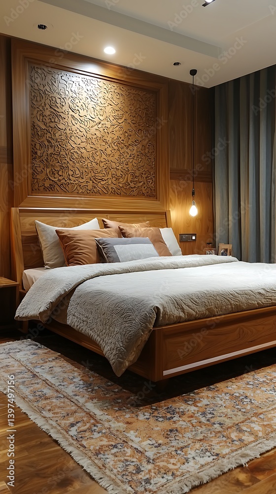Wooden double bed with soft cushions high resolution picture Wooden double bed with soft cushions high resolution picture