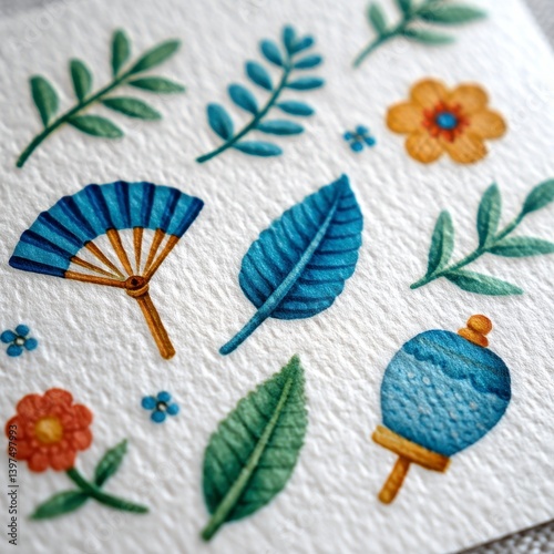 Blue and Orange Floral Illustration with Hand Fan and Lantern