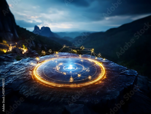Mystical energy activation mountain range digital art evening aerial view fantasy concept