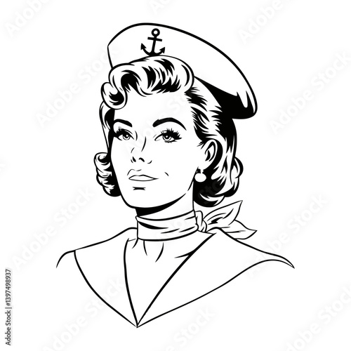 Vintage Female Sailor Line Art Portrait