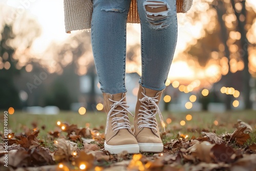Obraz na płótnie Casual wear styling with oversized sweater and distressed jeans outdoor setting fashion photography evening light lifestyle concept w salonie