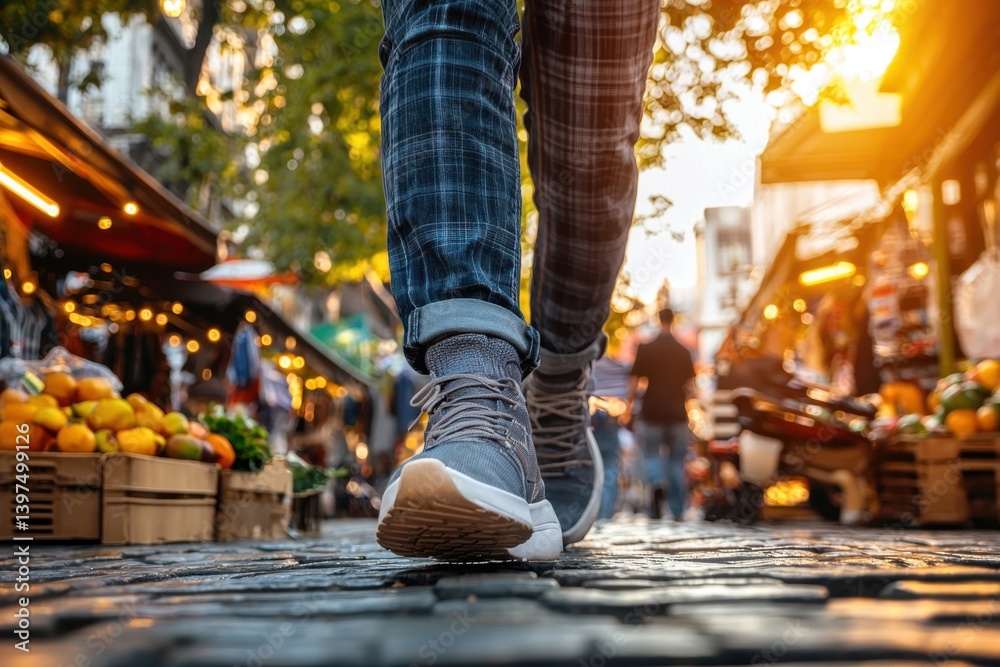 Casual wear stroll through vibrant market street urban setting lifestyle photography evening light capturing the essence of relaxed fashion with plaid shirt and sneakers