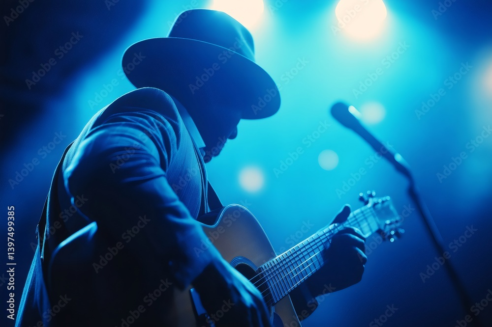 Obraz premium Guitarist wearing hat and suit playing acoustic guitar on stage during a blues music festival under blue lights