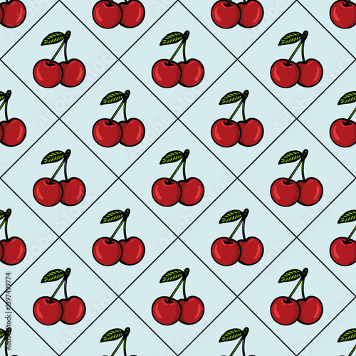 A seamless vector pattern featuring red cherries with green leaves on a light blue background. The cherries are illustrated in a playful, cartoonish style, arranged in a repeating design.