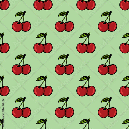 A seamless vector pattern featuring red cherries with green leaves on a light green background. The cherries are illustrated in a playful, cartoonish style, arranged in a repeating design.
