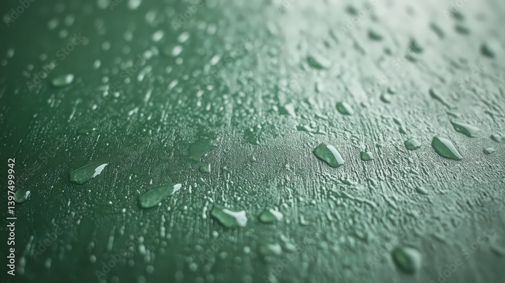 Water Droplets on Dark Green Textured Surface