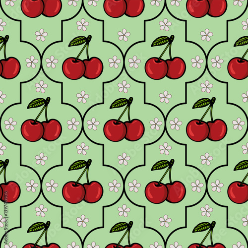 A repeating vector pattern featuring red cherries with green leaves on a light green background, interspersed with small white flowers.