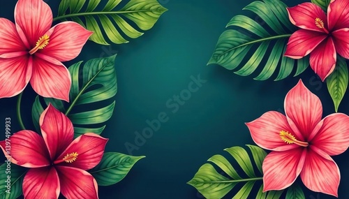 Bold tropical floral wallpaper, vibrant exotic blooms, hibiscus, plumeria