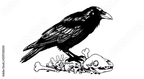  Crow perched on bones dark and macabre representing death or nature against white background.