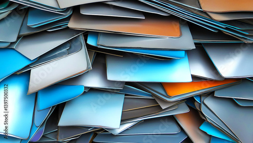 Scrap pile of used offset printing plates, thin aluminum sheets. Ideal for illustrating printing industry waste, recycling processes, or industrial materials