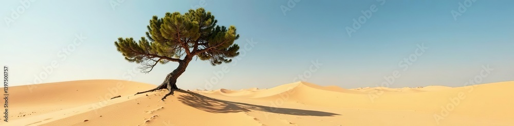 A majestic pine tree rises from the sand dunes in a desert landscape, sandy, pine tree, twigs A majestic pine tree rises from the sand dunes in a desert landscape, sandy, pine tree, twigs