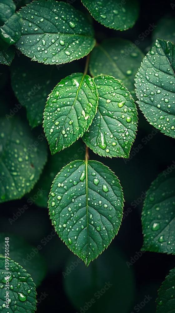 Fototapeta premium Fresh Green Leaves Phone Wallpaper Raindrops on Lush Leaves | HD Mobile Background with Dark Blurred Backdrop