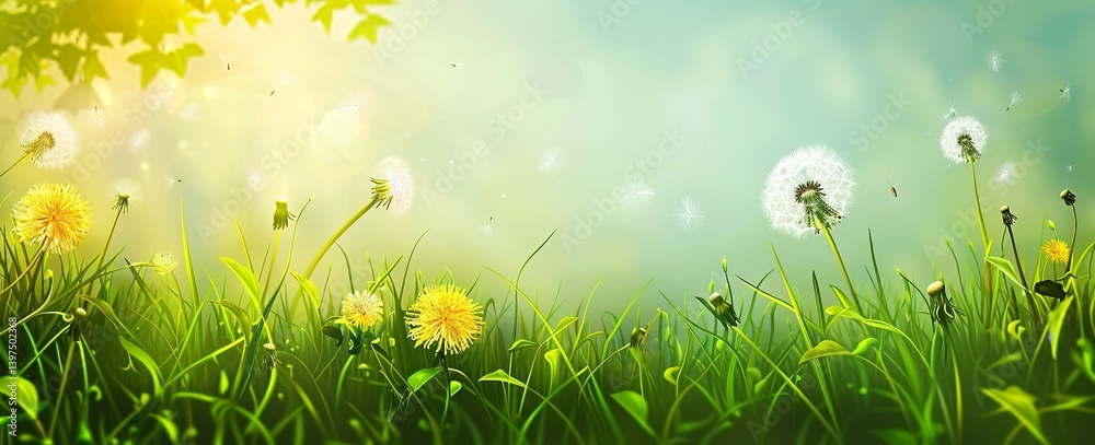 Obraz premium Beautiful spring background with dandelions and green grass on a sunny day, a banner for