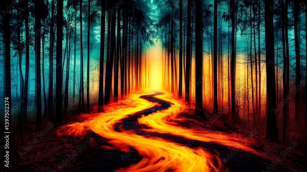 Fototapeta premium Enchanted Forest: A Path of Molten Gold