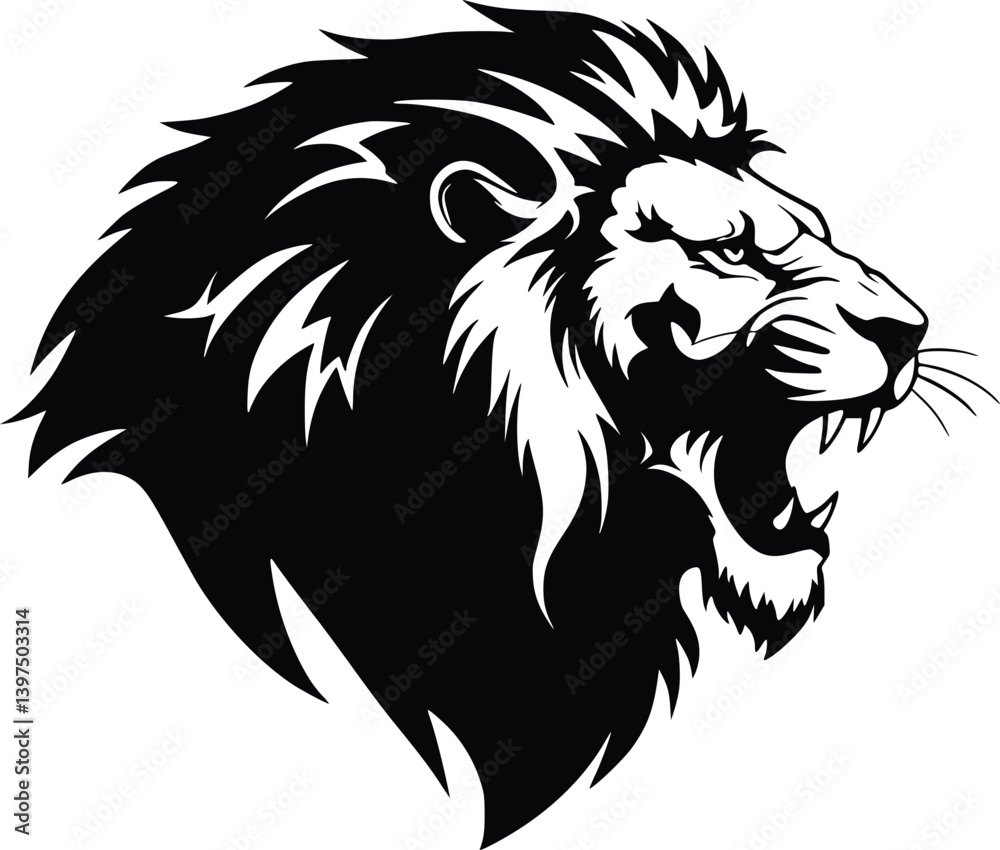 Fototapeta premium Silhouette of a roaring lion's head with a jagged, dynamic mane, symbolizing strength and majesty