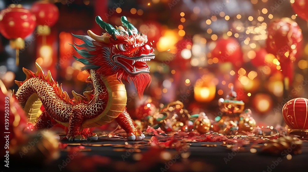 Fototapeta premium Traditional Chinese New Year dragon and festive lantern decorations high resolution picture