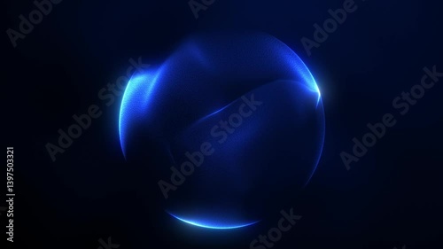 Navy blue shimmering energy sphere of glowing liquid particles and magic plasma on dark background. Luxury digital sci fi futuristic orb screensaver for business. 4k 60 fps looped minimal graphic.