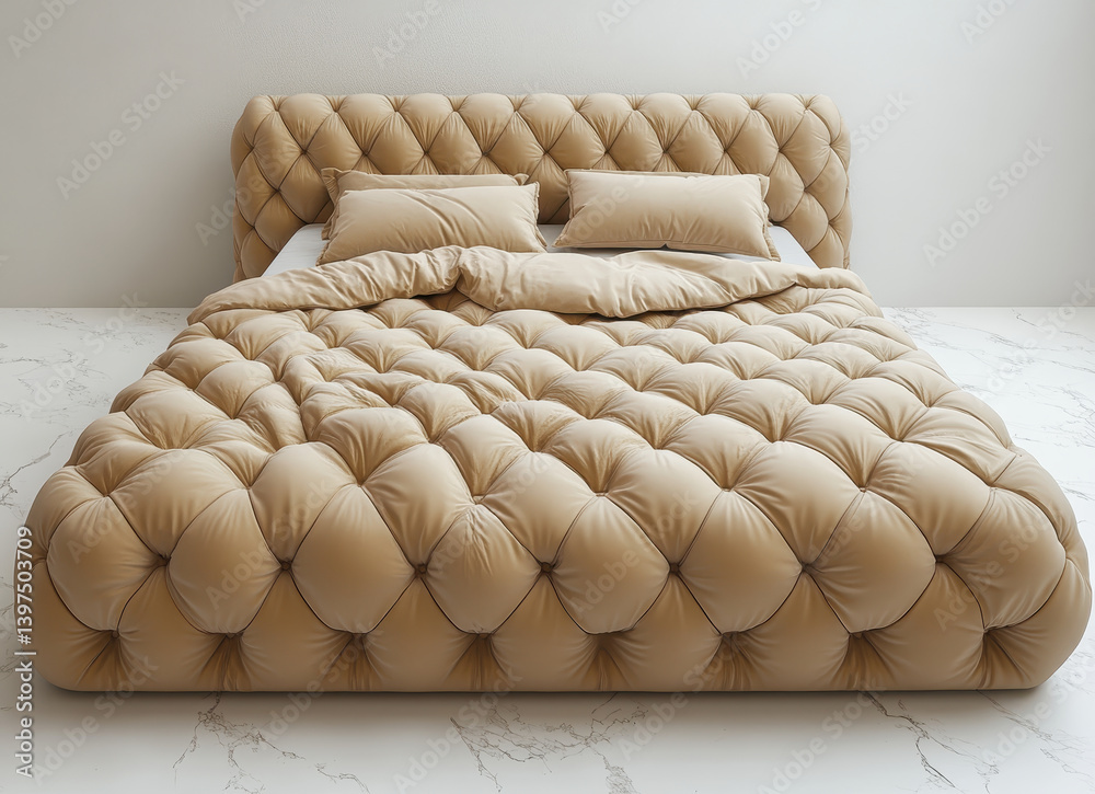 Obraz premium Luxurious Modern Tufted Beige Bed with Plush Headboard and Quilted Bedding in Minimalist Bedroom