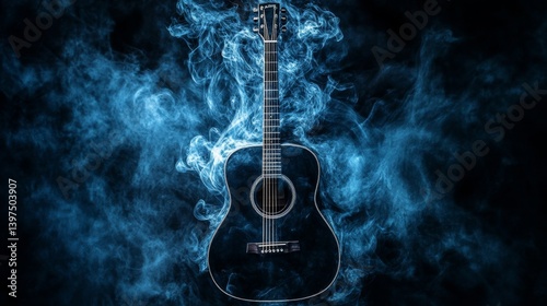 Moody and dramatic, this high-quality background showcases an acoustic classical guitar shrouded in smoke against a black backdrop