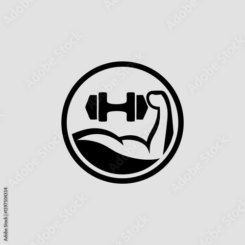 A bold fitness logo featuring a muscular arm holding a dumbbell, enclosed in a circular badge
