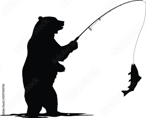 Silhouette of a bear standing on its hind legs while fishing, holding a rod with a fish hanging from the line