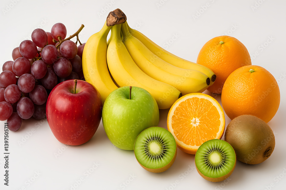 Assortment of fresh, ripe fruits apples, bananas, oranges, kiwis, and grapes Assortment of fresh, ripe fruits apples, bananas, oranges, kiwis, and grapes