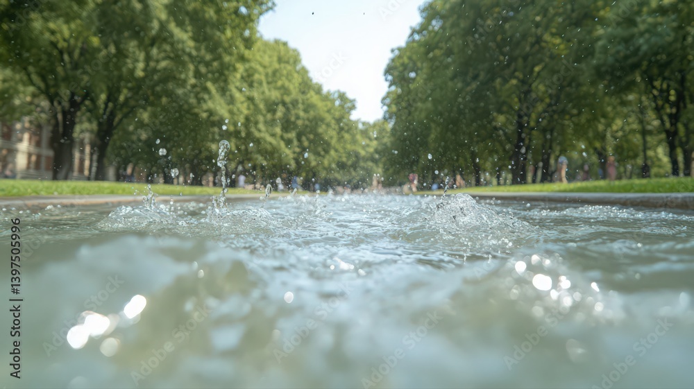 Water Splashing in a Fountain with Green Trees Background