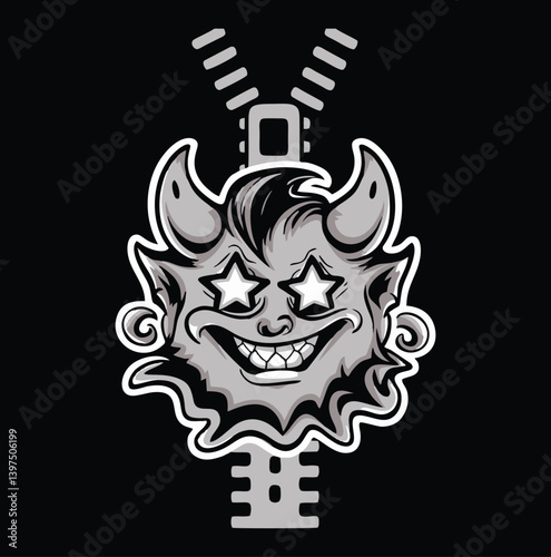 ai17440928195_Creative black and white vector illustration of a funny cartoon monster peeking through an open zipper. The design features a quirky creature with horns, a stitched mouth, and a sta1.eps