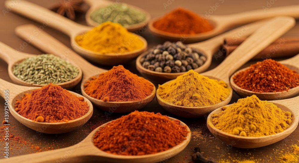 Aromatic Spice Spoons Collection - Vibrant spices in wooden spoons, representing flavor, warmth, cuisine, tradition, and culinary artistry Aromatic Spice Spoons Collection - Vibrant spices in wooden spoons, representing flavor, warmth, cuisine, tradition, and culinary artistry