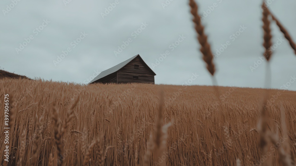 Weathered Barn Nestled Atop Golden Wheat Field Under Overcast Sky Showcasing Rustic Charm And Agricultural Beauty