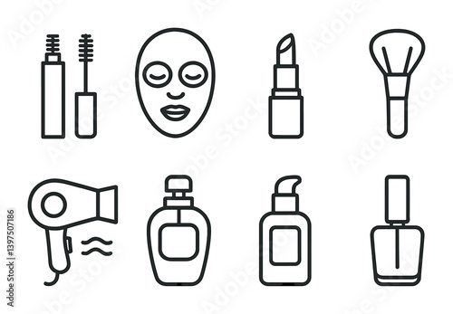 Essential beauty and skincare icons set in linear style for personal care designs