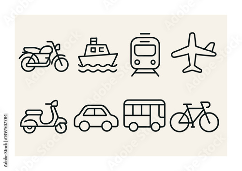 Linear transport icons set: vehicles including car, bus, and airplane