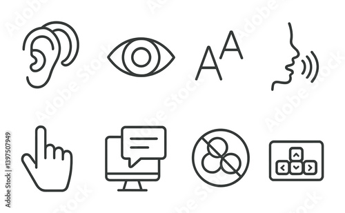 Accessibility icon set: visual, auditory, communication, and interaction aids in linear style