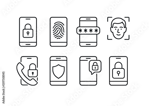 Secure mobile icons set: linear style featuring lock, fingerprint, face id, and more