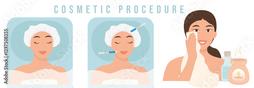 The process of a cosmetic procedure, a woman, a girl in a hat is resting on a couch, she is given injections with a syringe in the forehead and lip, she looks well-groomed, smiles, wipes her face with