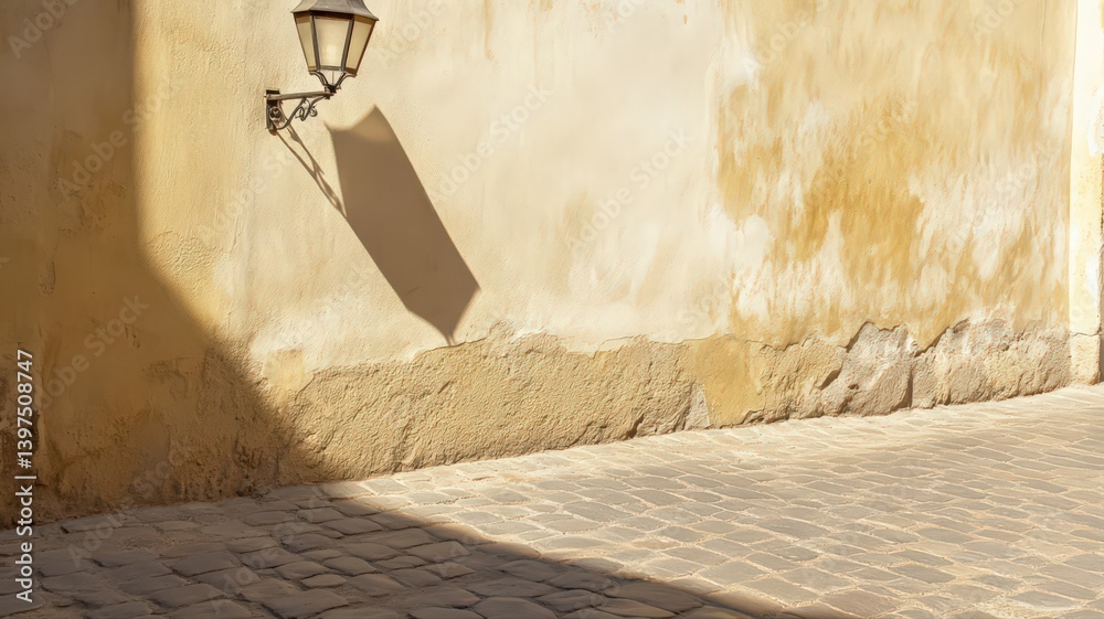 Weathered Building Exterior with Cobblestone and Street Lamp in Sunlight Rustic Textured Wall Aged Stone Facade with Traditional Architecture Details
