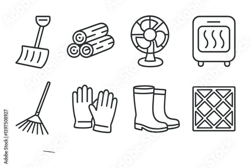 Winter essentials icon set: tools, gear, and appliances in linear style