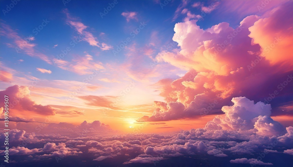 夢幻的な空中楽園：雲海に沈む黄金の夕日と幻想的なピンクパープルの空