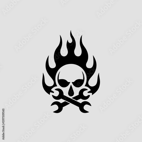 A powerful logo for a custom auto workshop featuring flames, a skull with a wrench in its mouth