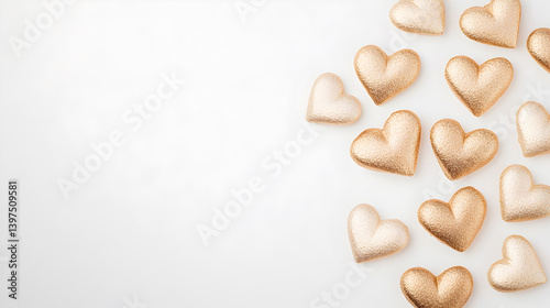 Golden hearts scattered on a light background creating a romantic and warm atmosphere for love and affection celebration healthy love concept