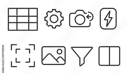 Linear photography icons set featuring camera, gear, and gallery elements