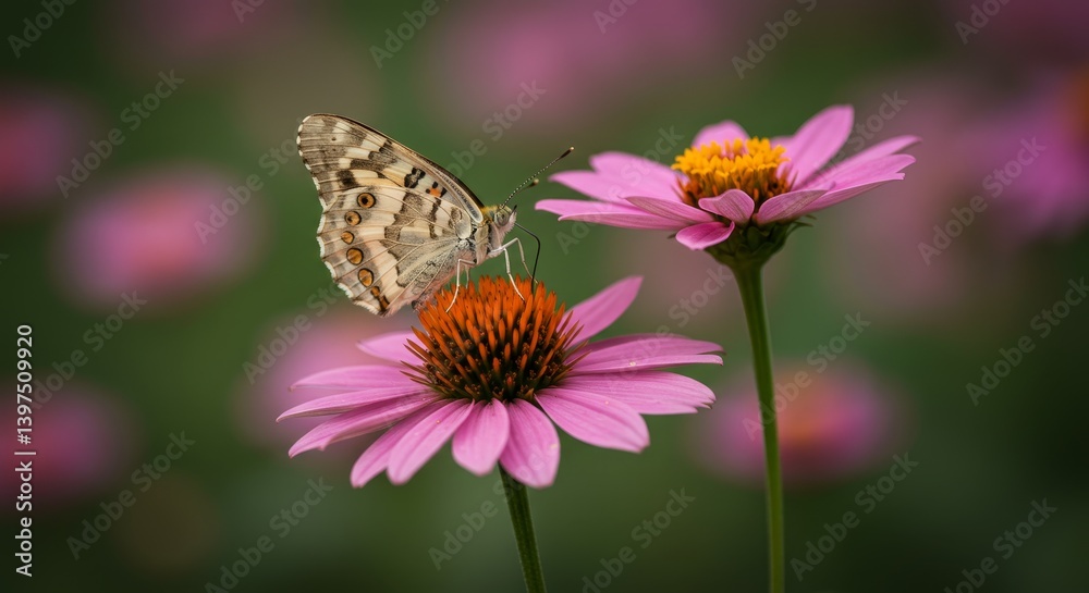 Butterfly on Pink Coneflower - A delicate butterfly rests on a vibrant pink coneflower, surrounded by a bokeh of other blossoms Butterfly on Pink Coneflower - A delicate butterfly rests on a vibrant pink coneflower, surrounded by a bokeh of other blossoms