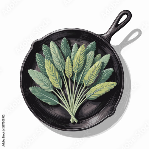 Rustic Sage Leaves in Cast Iron Skillet Illustration