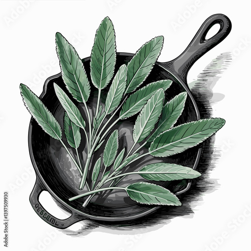 Rustic Sage Leaves in Cast Iron Skillet Illustration