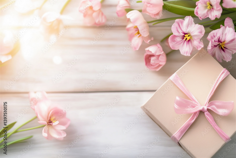 Gift box with pink ribbon and spring flowers on wooden background, festive romantic composition. Flat lay, copy space Gift box with pink ribbon and spring flowers on wooden background, festive romantic composition. Flat lay, copy space