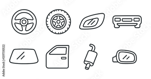 Set of linear car parts icons: steering wheel, tire, headlight, and more