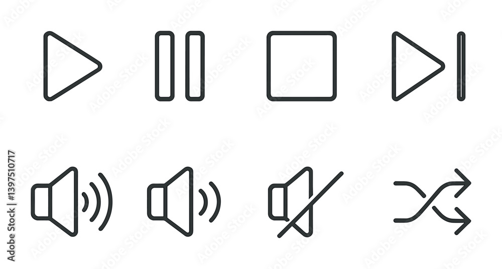 Linear media player icons set: play, pause, stop, sound, shuffle Linear media player icons set: play, pause, stop, sound, shuffle