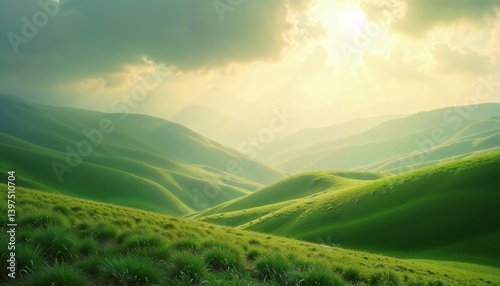 Sunlight breaks through clouds over lush green rolling hills at dawn